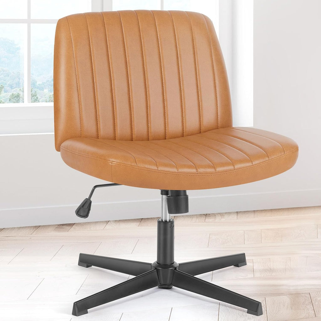 Criss Cross Chair with Wheels Wide Cross Legged Office Desk Vanity Chair Comfy Fabric Armless Adjustable Swivel for Home Computer Task PU Black