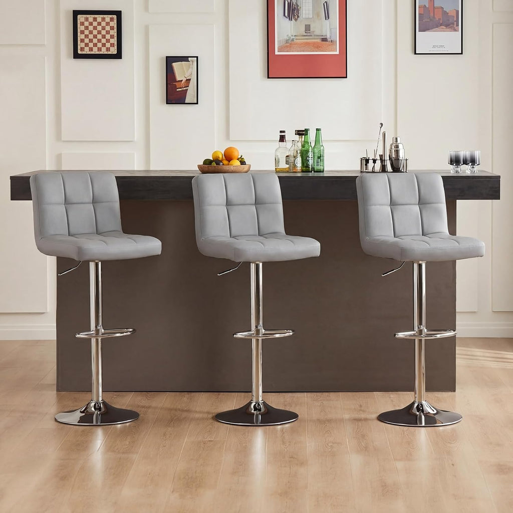 Bar Stools Set of 2, 24 inch Counter Height Bar Stools, Upholstered Modern Kitchen Barstools with Metal Base, PU Leather Saddle Stools for Kitchen Island, Grey