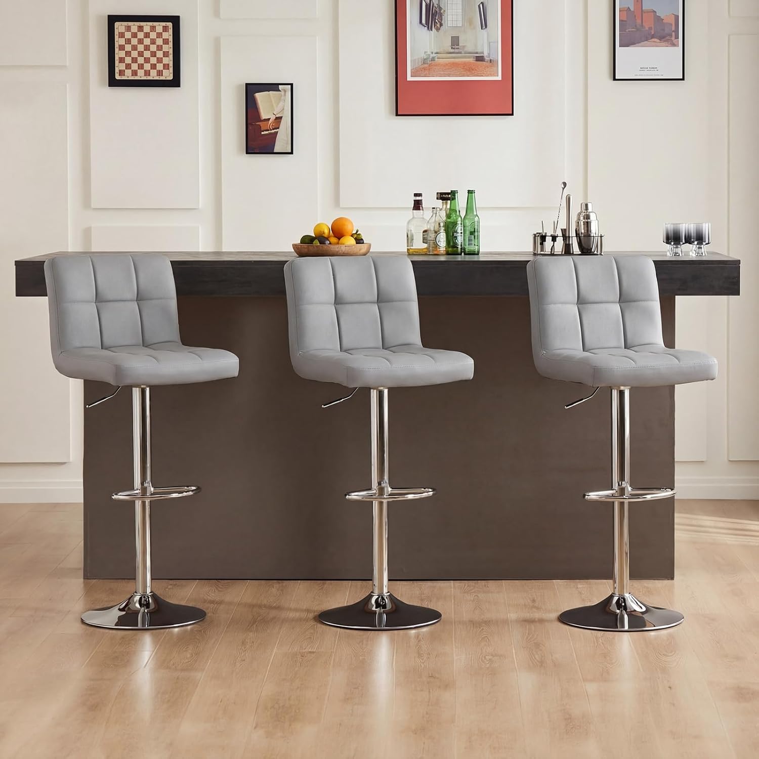 Bar Stools Set of 2, 24 inch Counter Height Bar Stools, Upholstered Modern Kitchen Barstools with Metal Base, PU Leather Saddle Stools for Kitchen Island, Grey