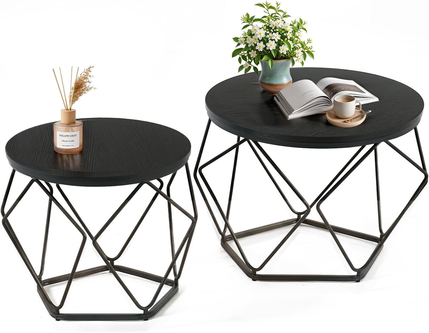 Modern Geometric Coffee Table Set of 2, Round Nesting Side Tables with Hidden Storage, Movable End Tables for Living Room Decor & Practical Use