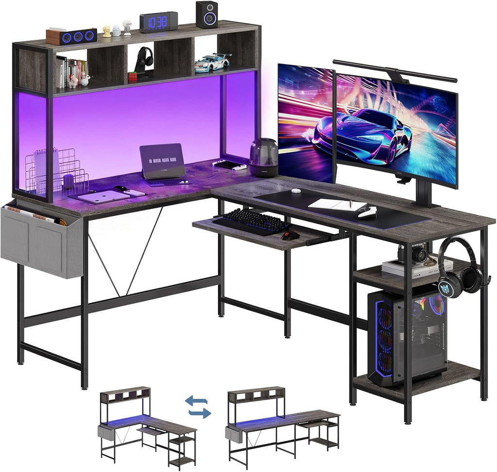 53?? Gaming Desk with USB Charging Ports & LED Lights, Reversible L Shaped Desks Computer Corner Gamer Table with Power Outlets Monitor Stand Storage Shelves for Home Office Small Space, White