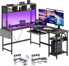 47?? Gaming Desk with USB Charging Ports & LED Lights, Reversible L Shaped Desks Computer Corner Gamer Table with Power Outlets Monitor Stand Storage Shelves for Home Office Small Space, White