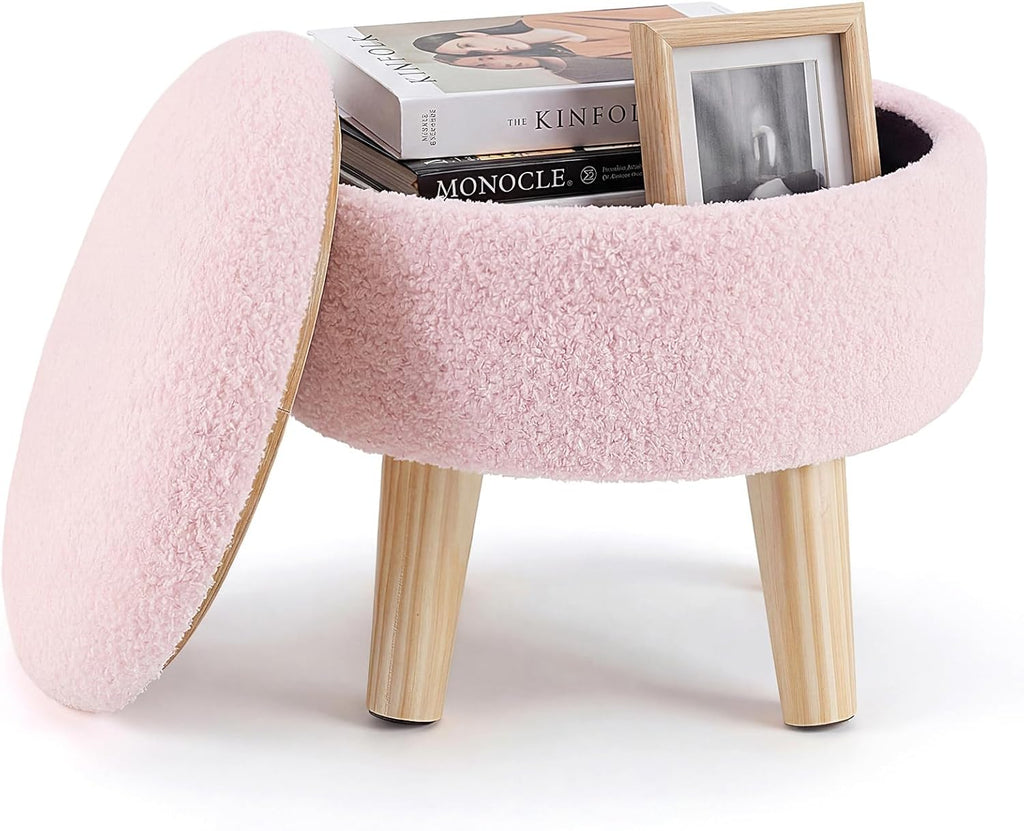 Round Storage Ottoman with Reversible Tray Lid, Multi-Functional Footrest, Teddy Velvet Footstool with Wood Legs, Small Coffee Table for Living Room, Bedroom, Beige