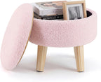 Round Storage Ottoman with Reversible Tray Lid, Multi-Functional Footrest, Teddy Velvet Footstool with Wood Legs, Small Coffee Table for Living Room, Bedroom, Black