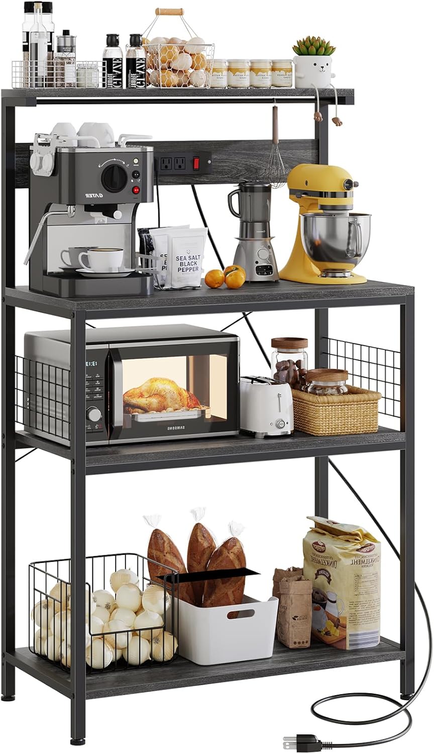 Kitchen Bakers Rack with Power Outlet, Coffee Bar Table 4 Tiers, Microwave Oven Stand Station, Adjustable Storage Shelf Freestanding Appliance Organizer - 23.6 Inch, Rustic Brown