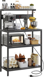 Kitchen Bakers Rack with Power Outlet, Coffee Bar Table 4 Tiers, Microwave Oven Stand Station, Adjustable Storage Shelf Freestanding Appliance Organizer - 23.6 Inch, Rustic Brown