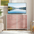 TV Stand, Dresser with 8 Fabric Drawers, Spacious Storage Tower for Closet, TV Stand with Wood Top and Mental Frame, Storage Unit for Living Rooms, Bedroom and Entryway, Pink