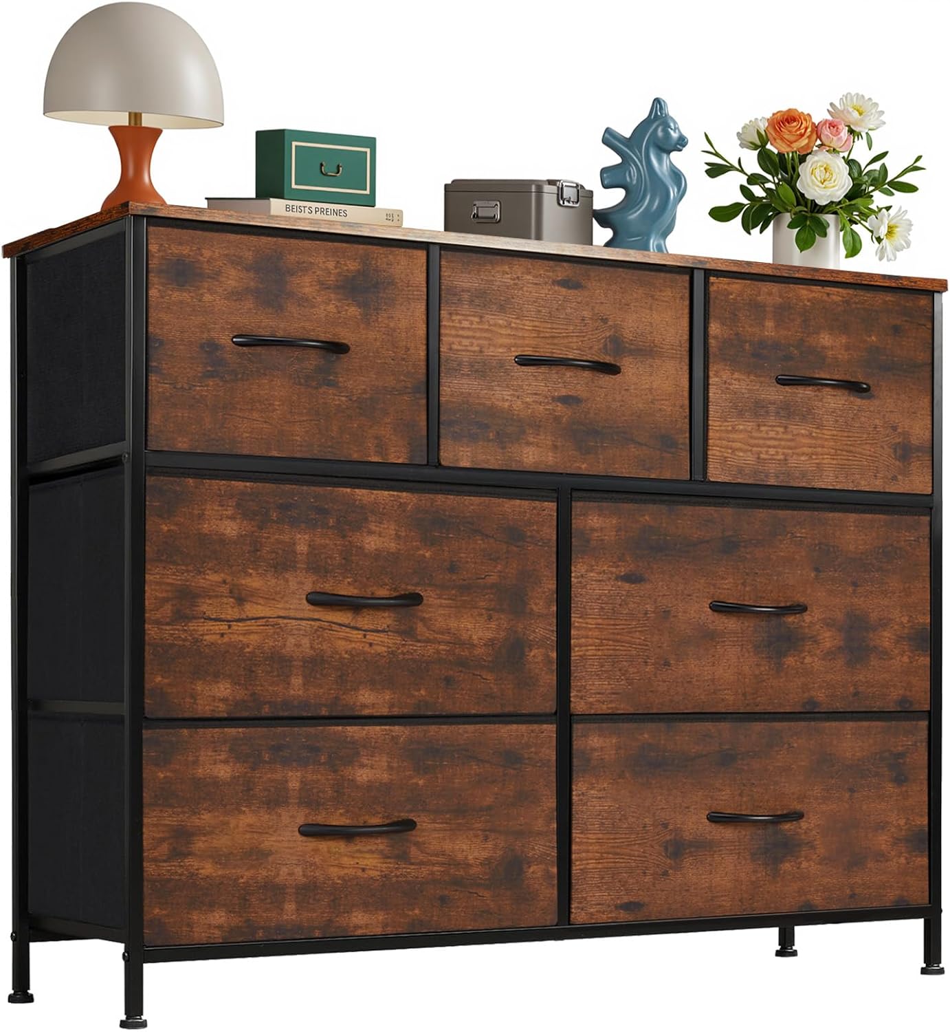 8 Drawer Dresser for Bedroom, Wide Fabric Storage Tower with Wooden Top and Metal Frame, Closet Chest Organizer Furniture, Living Room Hallway, Black