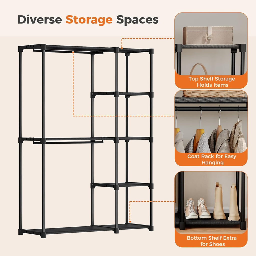 Portable Wardrobe Closet with Hanging Rods, 49 Inch Portable Clothing Rack with Shelves, Heavy Duty Clothes Rack, Freestanding Closet Organizer, 49 L x 15.7 W x 71.65 H