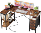 L Shaped Desk with Shelf Drawers 47 Inch, Black Corner Computer Desks Gaming with Power Outlet, Study Table with Adjustable Shelves, Home Office Tables for Bedroom Teacher Reading Writing