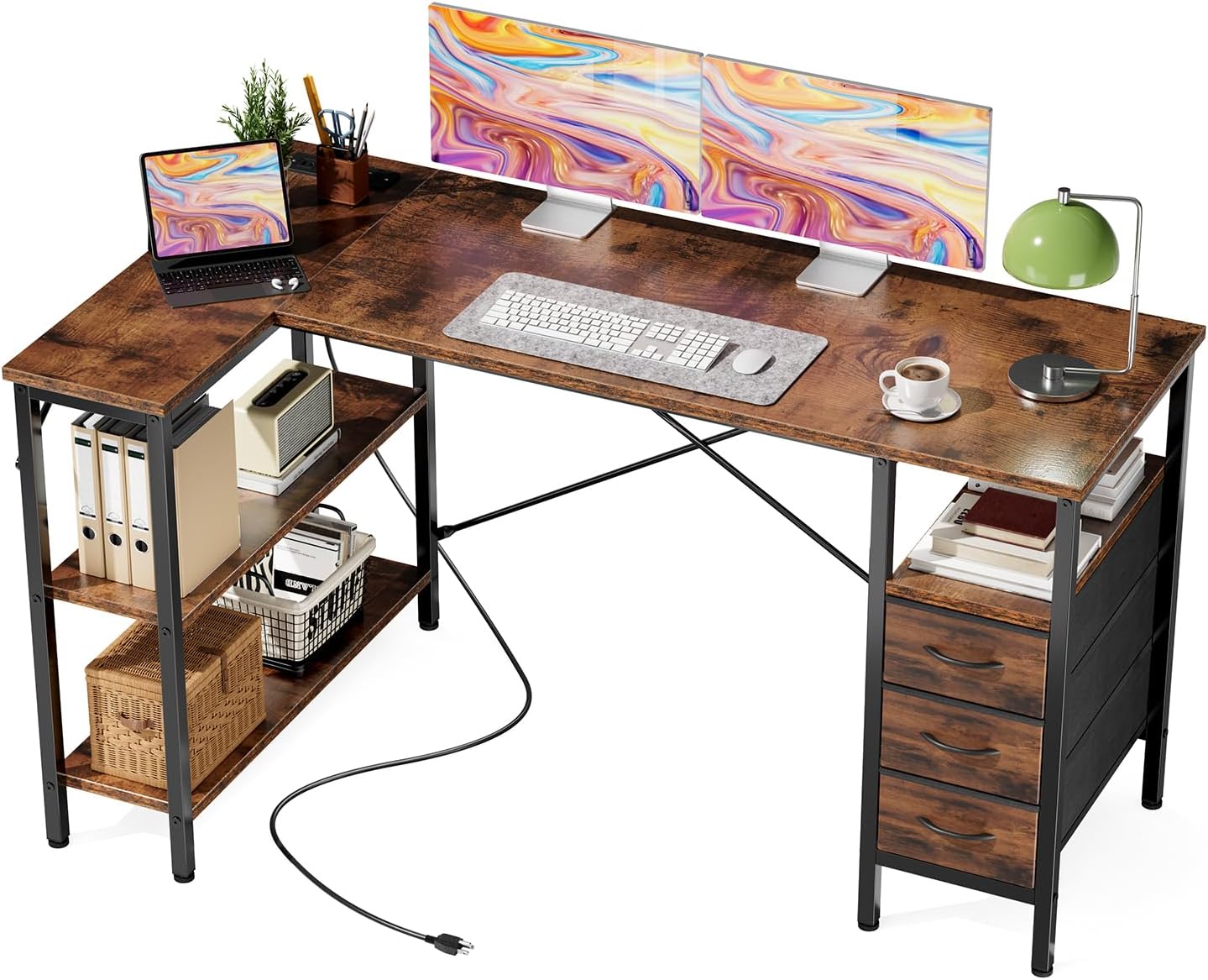 L Shaped Desk with Shelf Drawers 47 Inch, Black Corner Computer Desks Gaming with Power Outlet, Study Table with Adjustable Shelves, Home Office Tables for Bedroom Teacher Reading Writing