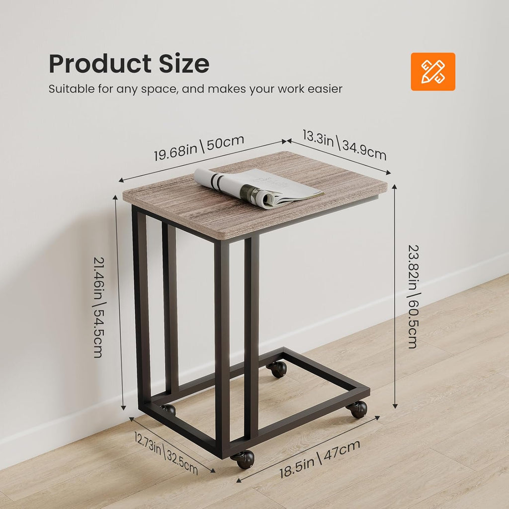 C Tables Counch That Slide Under Set of 2, Bed Side Table Tray Sofa Portable Rolling with Wheels Metal Frame, Wood Stand for Living Room Entryway Small Space Bedroom, Grey