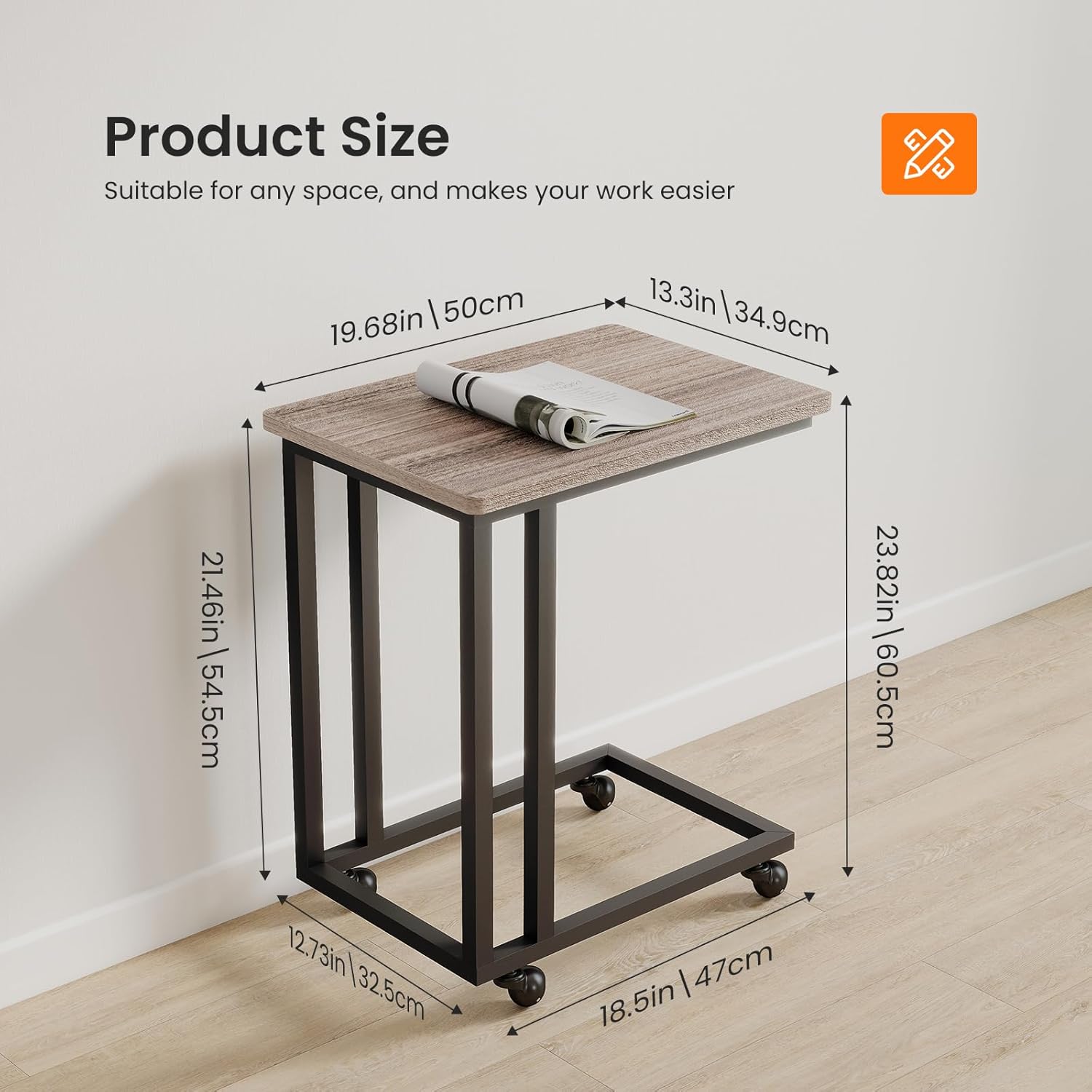 C Tables Counch That Slide Under Set of 2, Bed Side Table Tray Sofa Portable Rolling with Wheels Metal Frame, Wood Stand for Living Room Entryway Small Space Bedroom, Grey