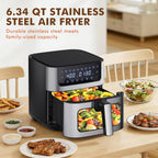 6.34QT Air Fryer with Window, 8 Food Presets with 400??F Max Heat, 90-Min Timer, Nonstick Dishwasher-Safe Basket for Air Fry, Roast, Reheat, Bake, Stainless Steel, Black