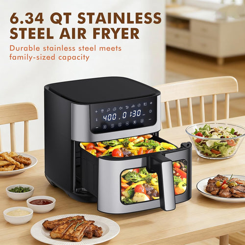 6.34QT Air Fryer with Window, 8 Food Presets with 400??F Max Heat, 90-Min Timer, Nonstick Dishwasher-Safe Basket for Air Fry, Roast, Reheat, Bake, Stainless Steel, Black
