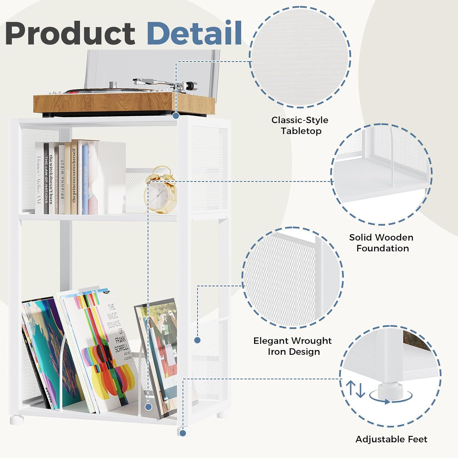 3 Tier Side Table, 2 Pack Record Player Stand with Storage Up to 100 Albums,Turntable Stand for Vinyl, White Records Shelf for Living Room Bedroom