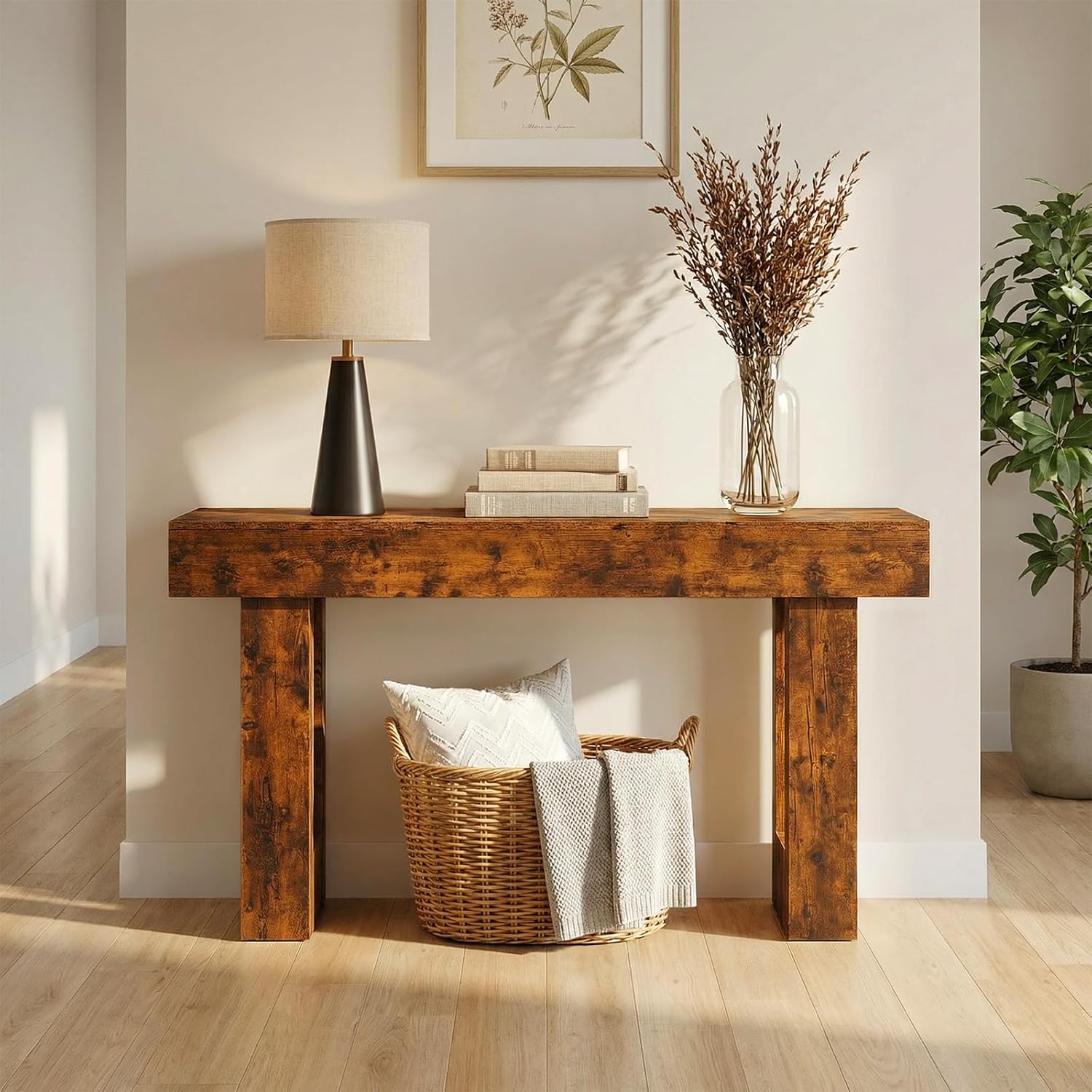 63-Inch Narrow Console Table, Sturdy Wooden Entryway Table with 5.9 Thick Top, Heavy Duty 155lbs Capacity, Space-Saving Sofa Table for Living Room, Hallway, Entrance, Foyer, Brown