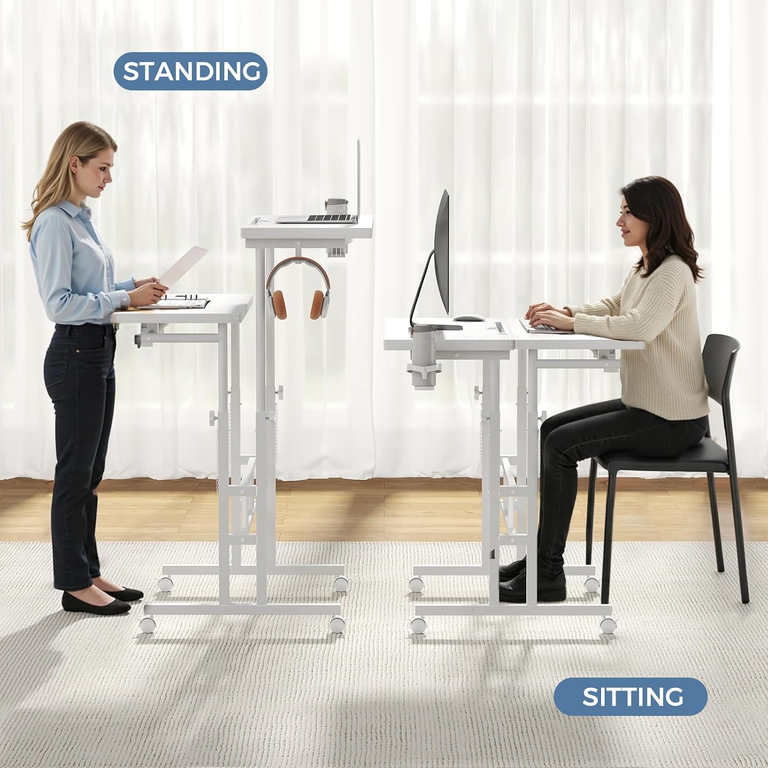 Split Top Rolling Standing Desk, 23.6 Inch Mobile Laptop Computer Desk, Manual Adjustable Height Workstation on Wheels, Sit Stand Office Table, Walking Pad Study Desk, White