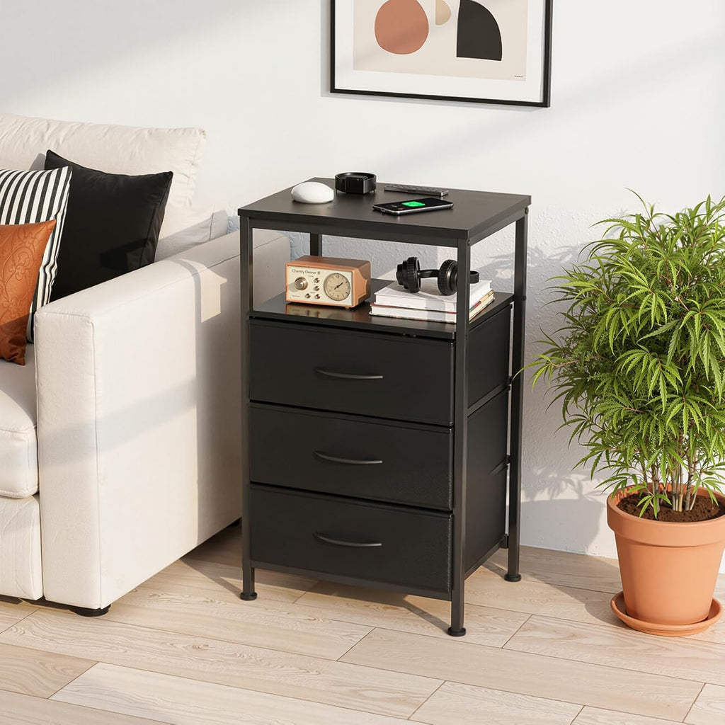 Nightstands Set of 2 with Charging Station, Bedside Table with USB Ports & Type-C, 2 Fabric Drawers Night Stand with Open Shelf, Compact End Table for Bedroom, Rustic Brown