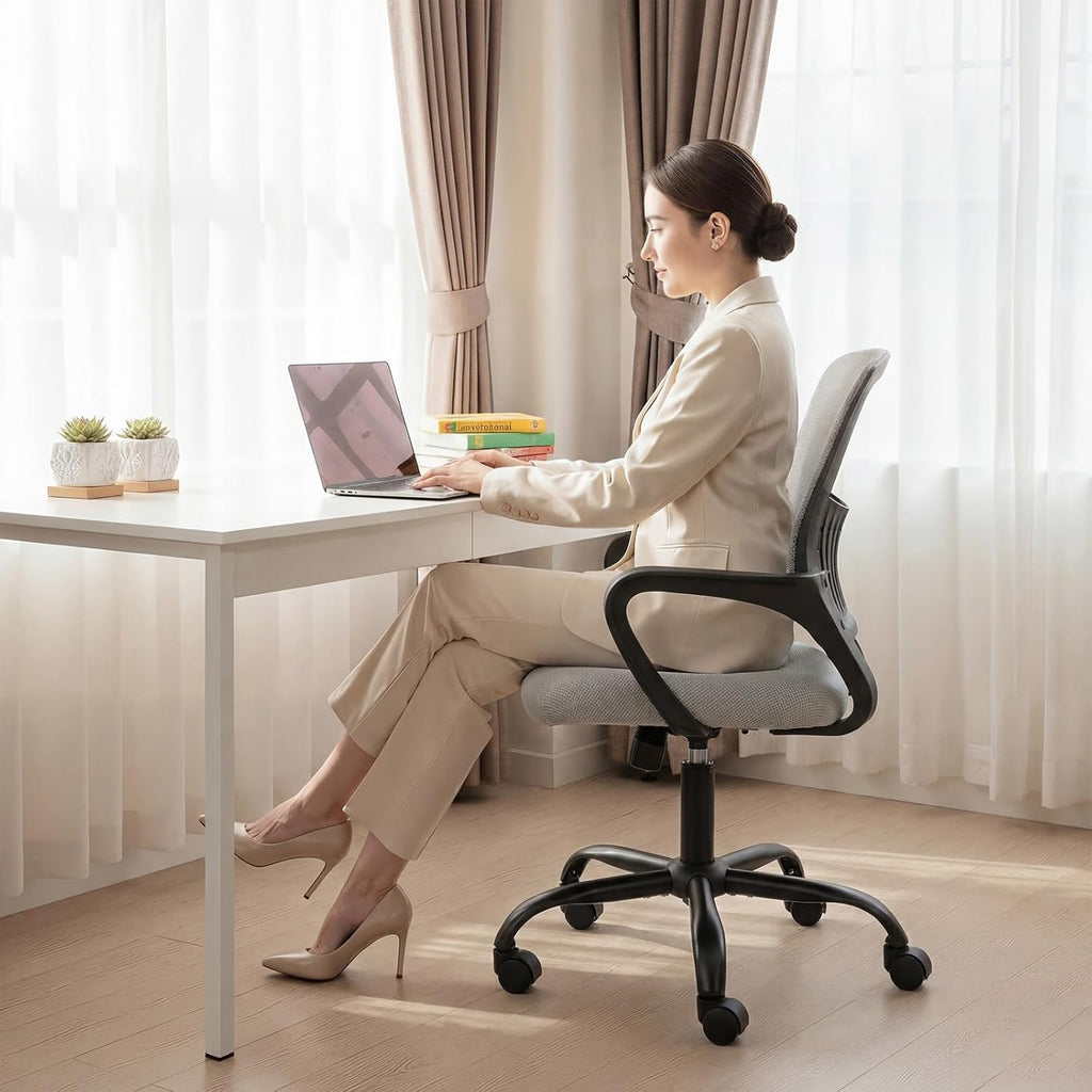 Home Office Chair - Ergonomic Mid Back Mesh Desk Chair with Lumbar Support & Rocking Mode, Height Adjustable, Fixed Armrest, for Conference, Computer, 360?? Swivel, Adults, Grey