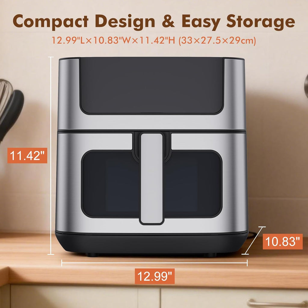 6.34QT Air Fryer with Window, 8 Food Presets with 400??F Max Heat, 90-Min Timer, Nonstick Dishwasher-Safe Basket for Air Fry, Roast, Reheat, Bake, Stainless Steel, Black
