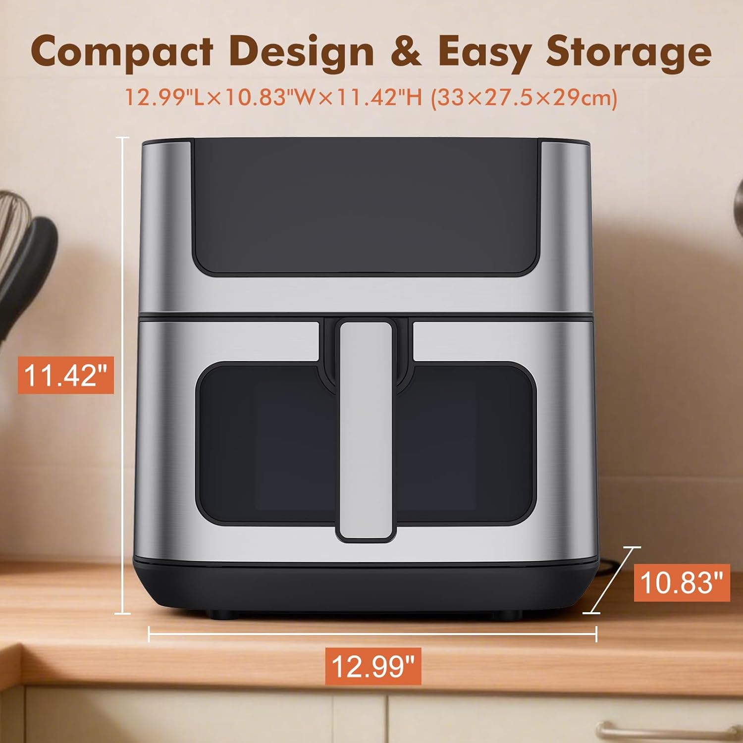 6.34QT Air Fryer with Window, 8 Food Presets with 400??F Max Heat, 90-Min Timer, Nonstick Dishwasher-Safe Basket for Air Fry, Roast, Reheat, Bake, Stainless Steel, Black