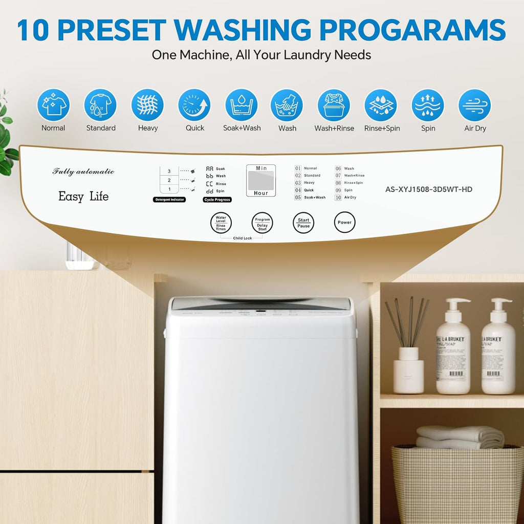 Portable Washing Machine, 7.7 lbs Full-Automatic Compact Laundry Washer, Stainless Steel Drum, 10 Wash Cycles, Auto-Balance Detection, LED Display, Mini Washer for Home, Apartment, Dorm, White