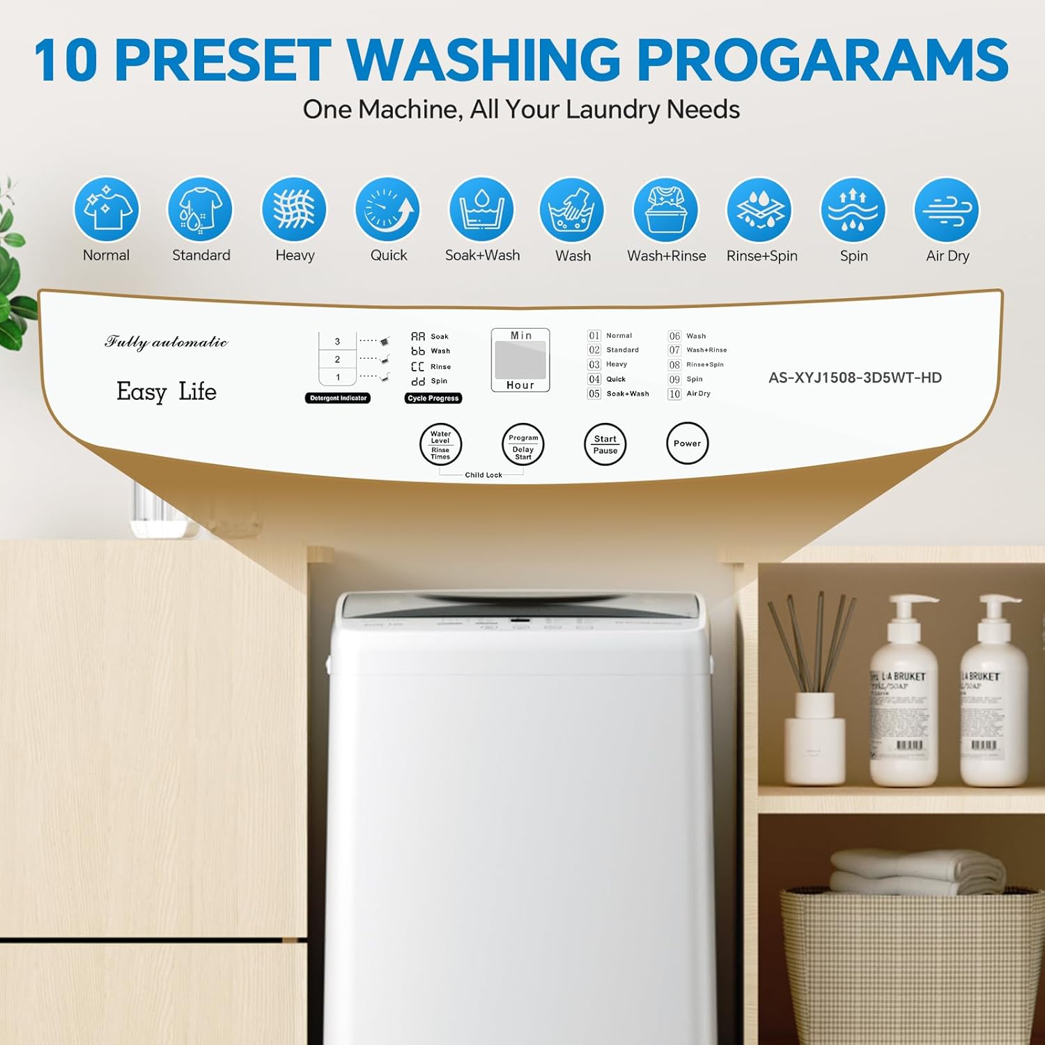 Portable Washing Machine, 7.7 lbs Full-Automatic Compact Laundry Washer, Stainless Steel Drum, 10 Wash Cycles, Auto-Balance Detection, LED Display, Mini Washer for Home, Apartment, Dorm, White