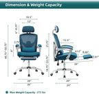 Home Office Desk Chair with Footrest, High-Back Mesh Rolling Swivel Reclining Chairs with Wheels, Comfortable Headrest, Lumbar Support, Comfy Arms for Home, Office, Gaming, Student, Elegant Blue