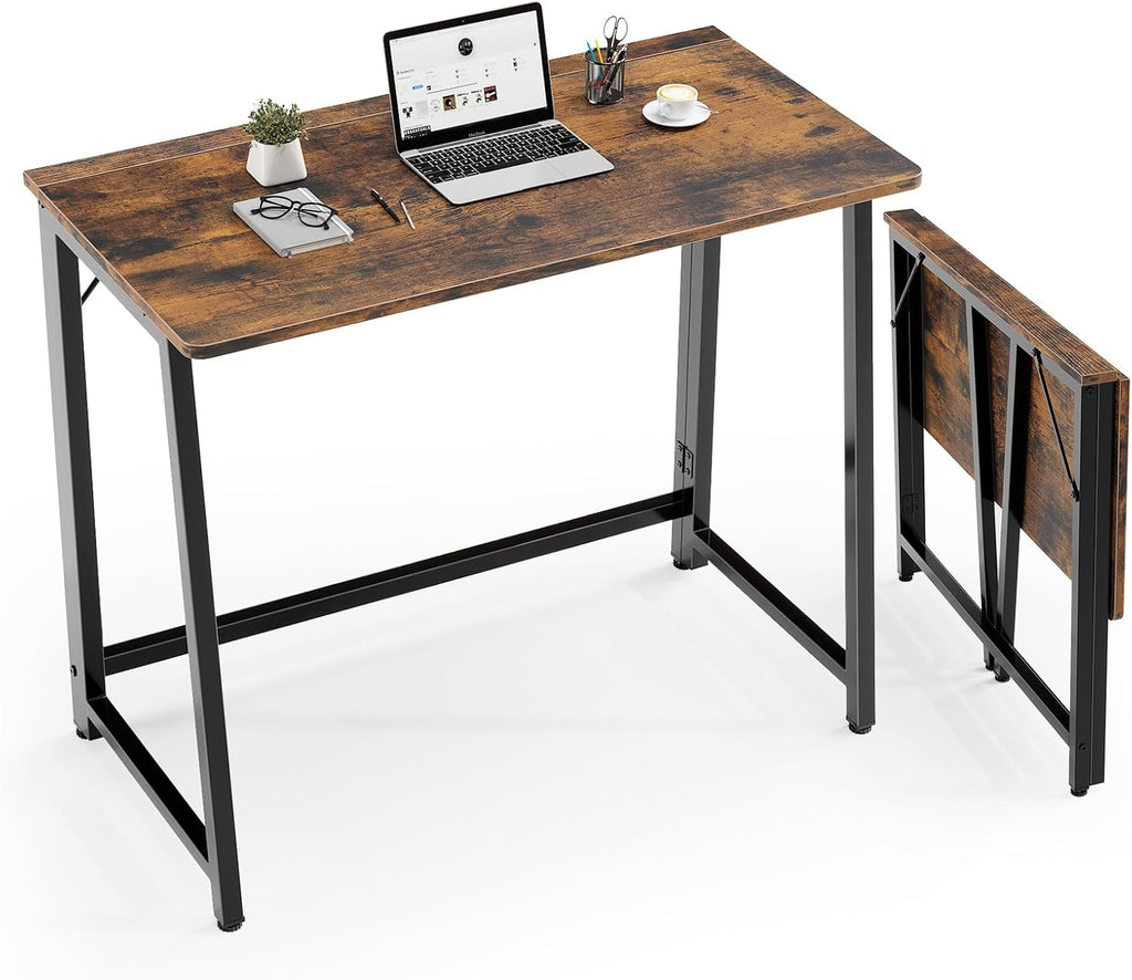 31.5 Inch Folding Desk, Foldable Computer Table for Small Spaces, Metal Frame Gaming Writing Work Station, Mini Home Office Surface, Rustic Brown