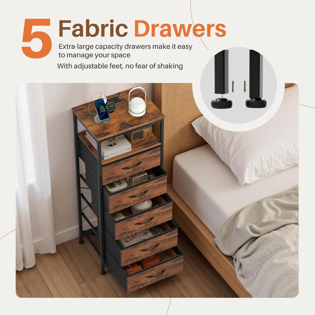 Nightstands Set of 2 with Charging Station, Bedside Table with USB Ports & Type-C, 2 Fabric Drawers Night Stand with Open Shelf, Compact End Table for Bedroom, Rustic Brown