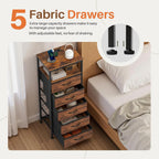 Nightstands Set of 2 with Charging Station, Bedside Table with USB Ports & Type-C, 2 Fabric Drawers Night Stand with Open Shelf, Compact End Table for Bedroom, Rustic Brown