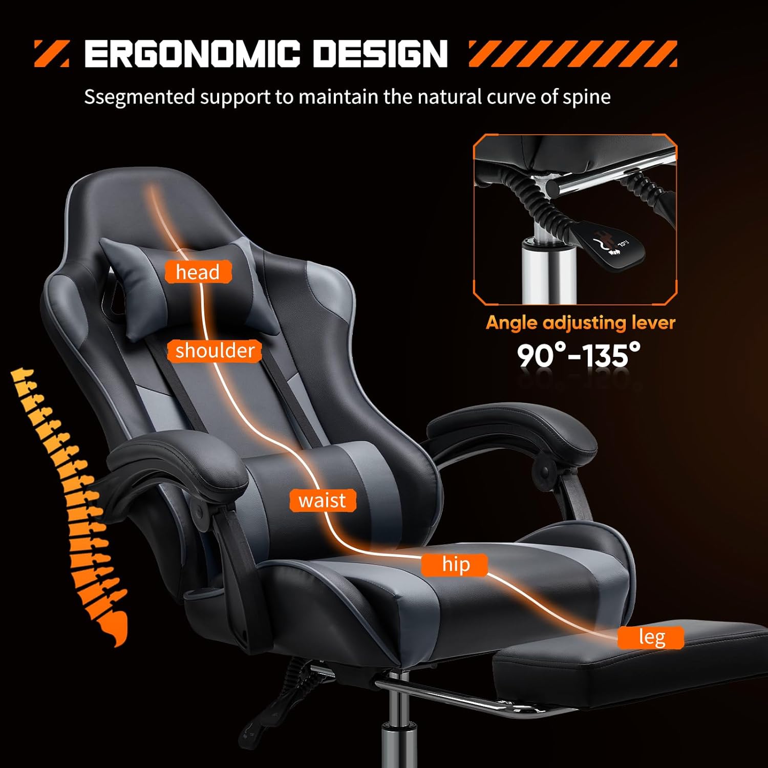 Computer Video Game Desk Chair - Ergonomic Comfy Lumbar Support with Footrest, PU Leather Recliner with Headrest, Fixed Up Armrest, Height Adjustable and 360?? Swivel, for Adults, Grey