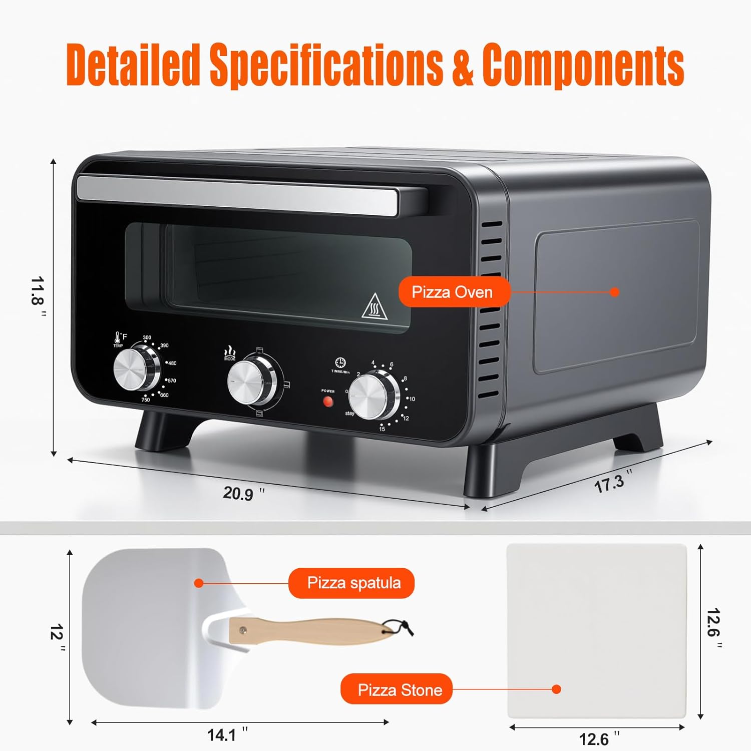 Pizza Oven Indoor, 1600W Electric Pizza Oven Fast Heating, 4 Modes Pizza Maker for 12 Inches, with Pizza Stone & Spatula, Upper-Bottom Independent Heating Temperature Control