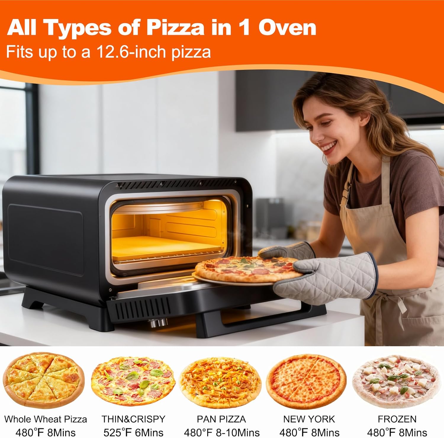 Pizza Oven Indoor, 1600W Electric Pizza Oven Fast Heating, 4 Modes Pizza Maker for 12 Inches, with Pizza Stone & Spatula, Upper-Bottom Independent Heating Temperature Control