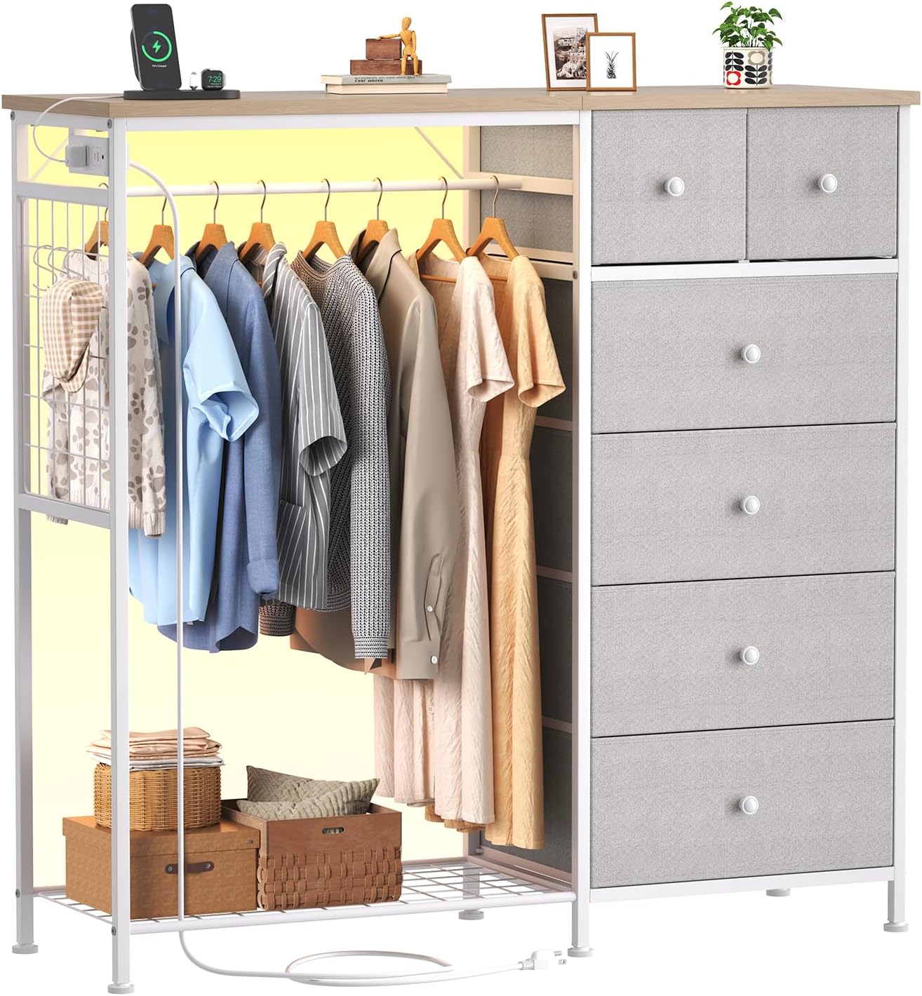 Dresser for Bedroom with Hanging Rack, 6 Drawer Fabric Dresser with Charging Station and LED Lights, Closet Organizer & Storage Tower for Living Room, Entryway, Apartment, Pink