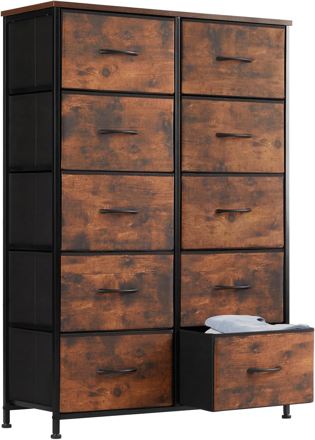 Dresser for Bedroom with 9 Storage Drawers, Large Fabric Storage Tower Organizer, Chest of Drawers with Metal Frame Wooden Top for Closet, Living Room, Entryway, Brown