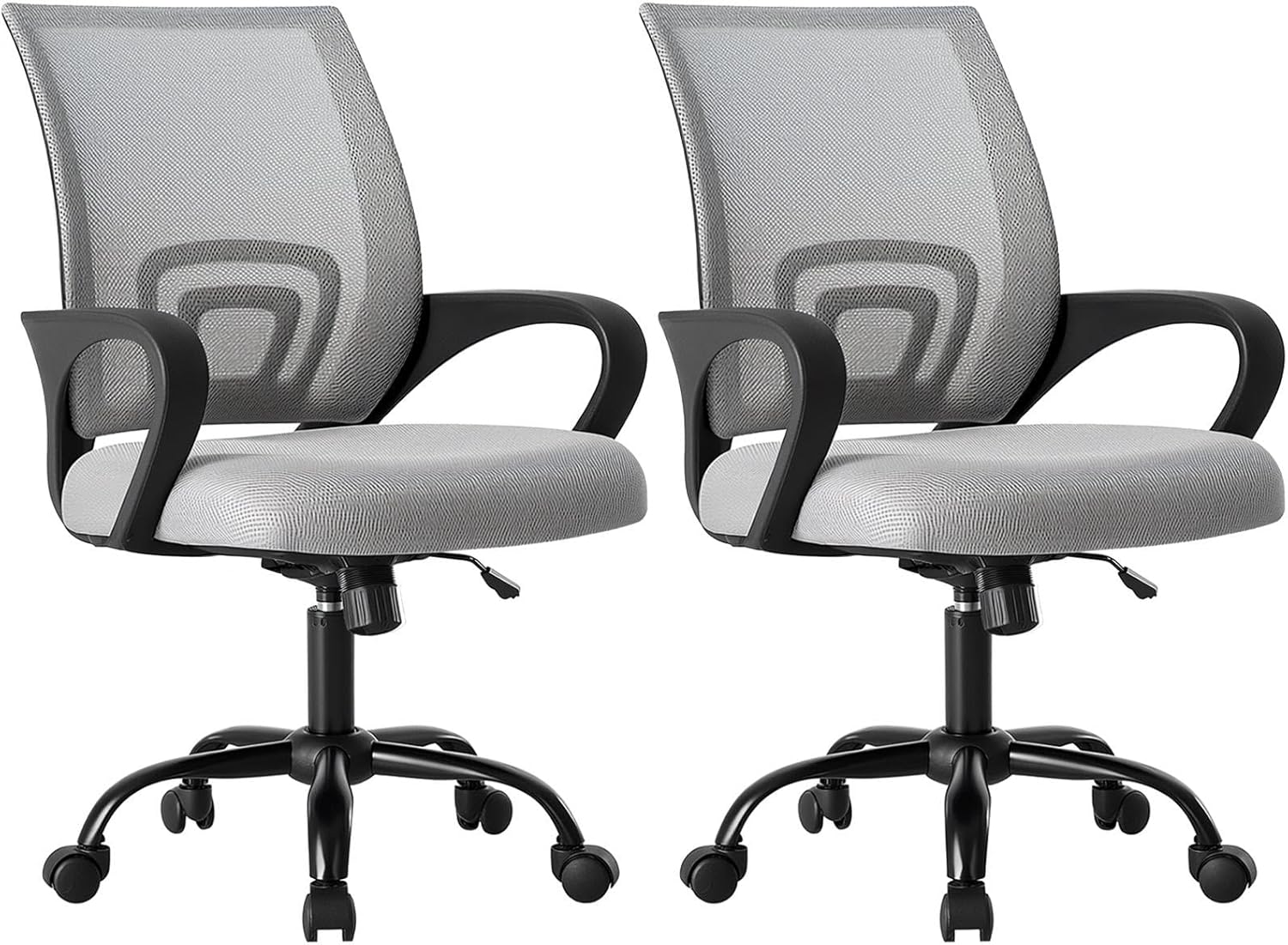 Office Desk Chair - Ergonomic Mid Back with Lumbar Support & Rocking Mode, Height Adjustable with Fixed Armrest, for Home, Computer, Gaming, Conference, Meeting Room, 360?? Swivel, Grey, 2 Pack