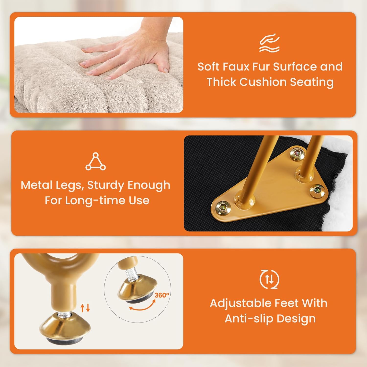 Vanity Stool Chair, Ottoman with Storage, Makeup Cute Soft Small Footstool, Modern Style Faux Fur Seat with 4 Metal Legs & Adjustable Feet for Dressing, Living Room Bedroom Dorm, Camel