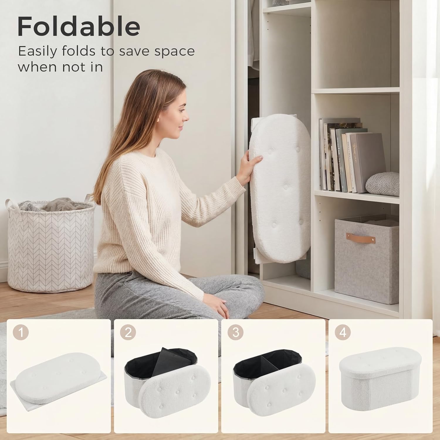 30 Inches Folding Storage Ottoman Bench, Oval Round Ottoman End of Bed Foot Rest Bench Stool with Cushion, Storage Chest for Bedroom, Living Room, Entryway, White