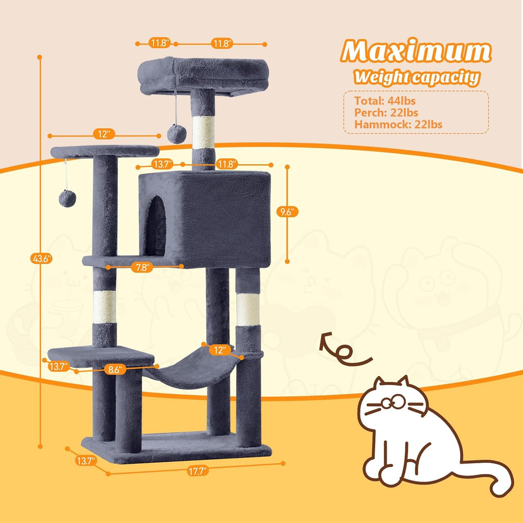 Small 44 Inch Cat Tree Tower, Cat Climbing Tower with Natural Sisal Scratching Posts, Hammock, Pet Condo for Indoor Cats and Kittens Play, Dark Grey