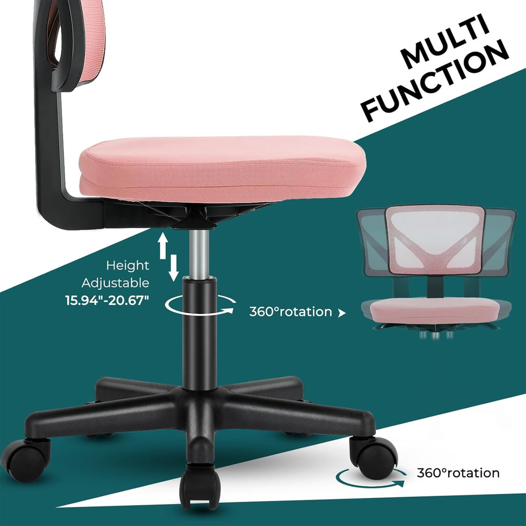 Small Office Chair Armless, Ergonomic Adjustable Home Office Swivel Rolling Task Chair No Arms, Comfy Mesh Mid Back Computer Work Vanity Desk Chiars with Wheels for Small Spaces, Hot Pink