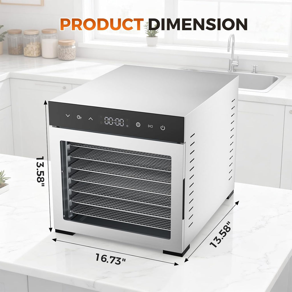 Food Dehydrator Machine, 500W Jerky Dehydrators with 8 Stainless Steel Large Trays, 185??F Temperature Control & 24H Timer Food Dryer for Fruit Meat Herb Dog Treats, Silver