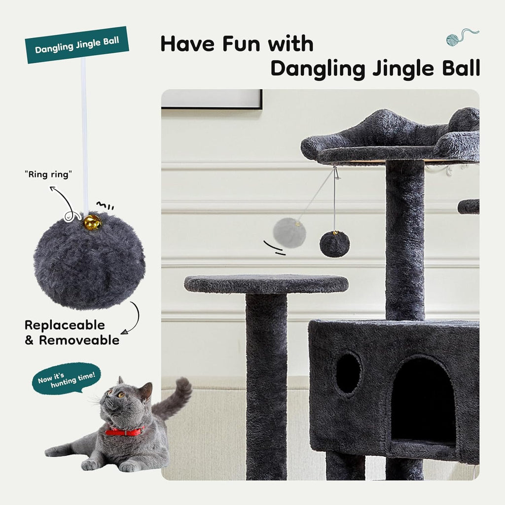 54-inch Indoor Cat Tree Tower ?CMulti-Level Pet House for Large Cats with 2 Condos, Scratching Posts, Round Platform, Small Ladder, and Toys ?C Perfect for Cats of All Ages, Dark Grey