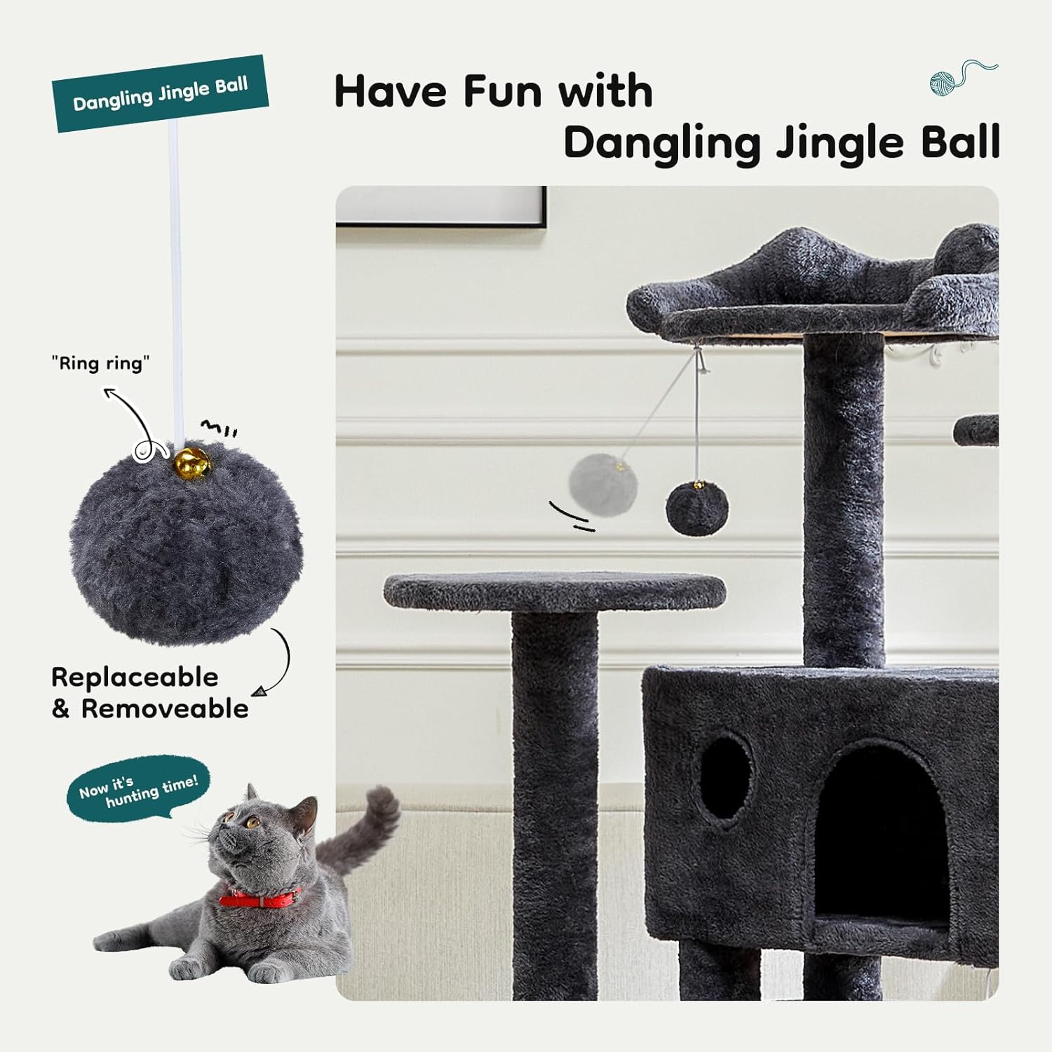 54-inch Indoor Cat Tree Tower ?CMulti-Level Pet House for Large Cats with 2 Condos, Scratching Posts, Round Platform, Small Ladder, and Toys ?C Perfect for Cats of All Ages, Dark Grey