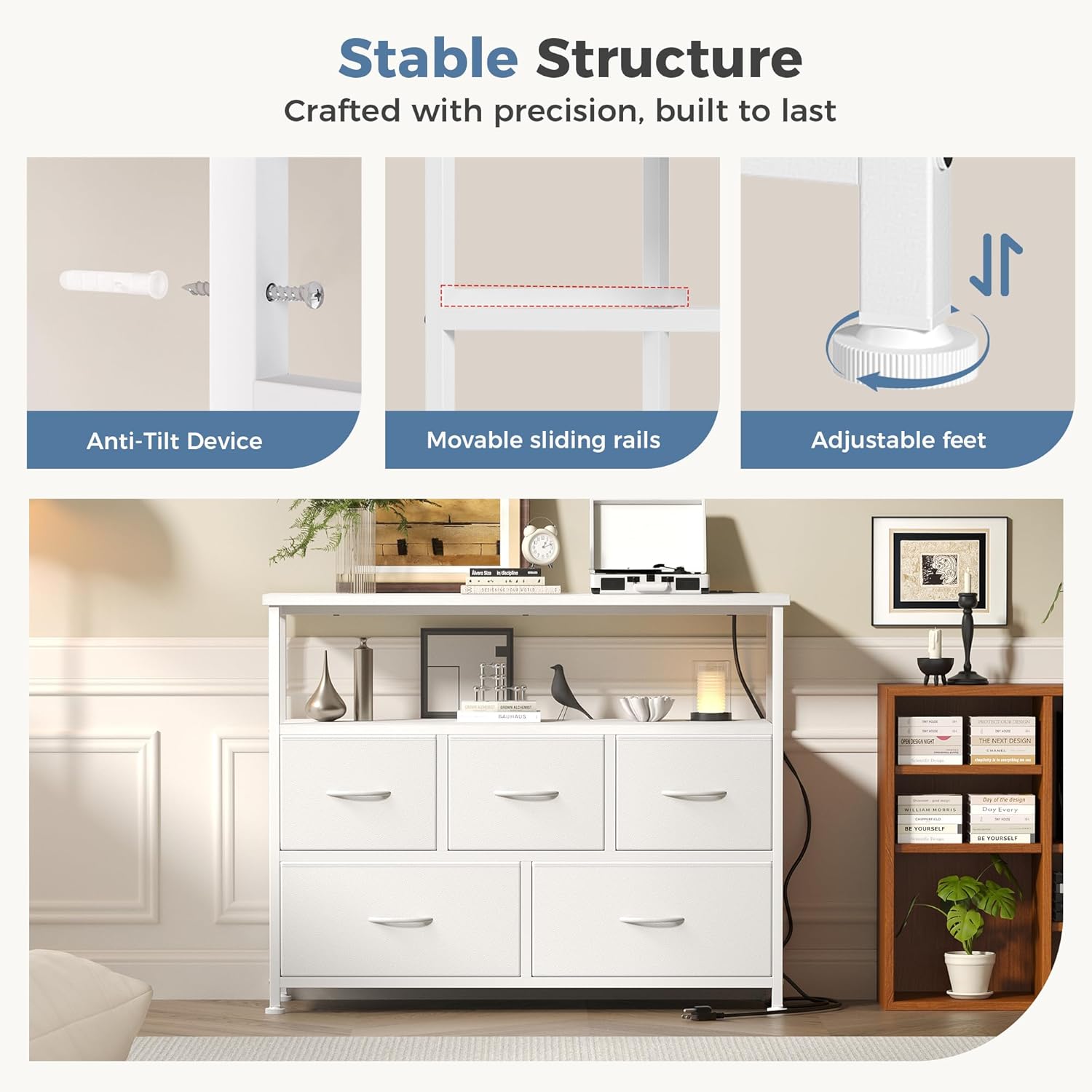 TV Stand, Dresser with 5 Fabric Storage Drawers, Media Console Featuring Open Shelf, Fabric Storage Cabinet with Charging Station, Compact Entertainment Unit for Bedroom, Living Room, White