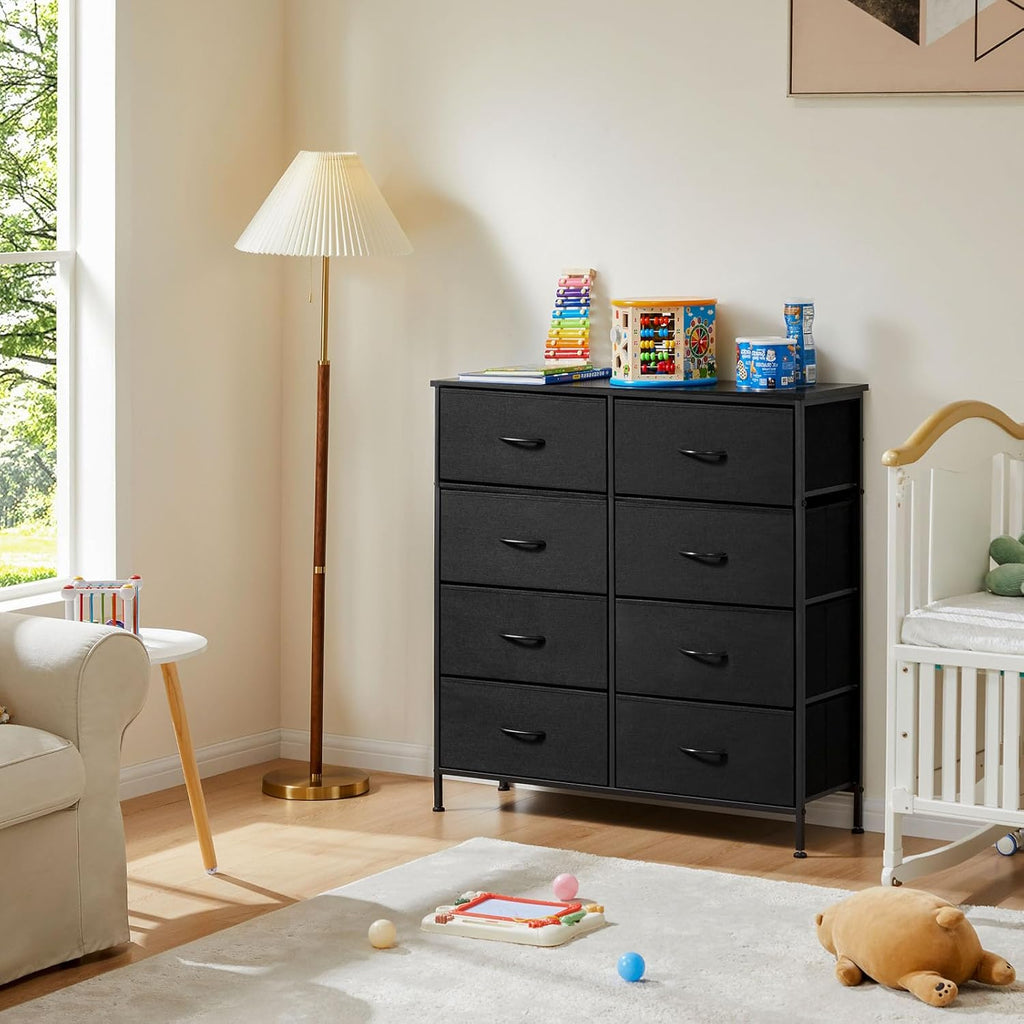 8 Drawer Dresser for Bedroom, Fabric Storage Organizer with Sturdy Metal Frame, Wooden Top Chest of Drawers for Closet Entryway Guest Room,Matte Black