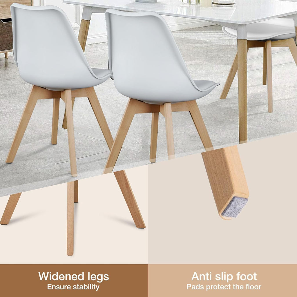 Modern Dining Chairs Set of 4, PU Leather Upholstered Kitchen Chairs with Wood Legs, Mid Century Accent Chairs for Living Room, Bedroom, Outdoor Lounge, White