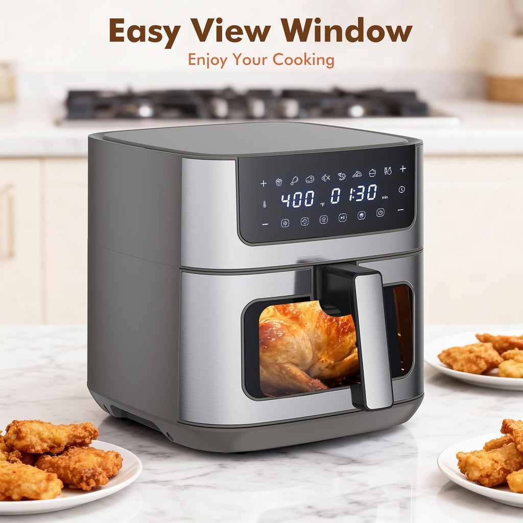 6.34QT Air Fryer with Window, 8 Food Presets with 400??F Max Heat, 90-Min Timer, Nonstick Dishwasher-Safe Basket for Air Fry, Roast, Reheat, Bake, Stainless Steel, Grey