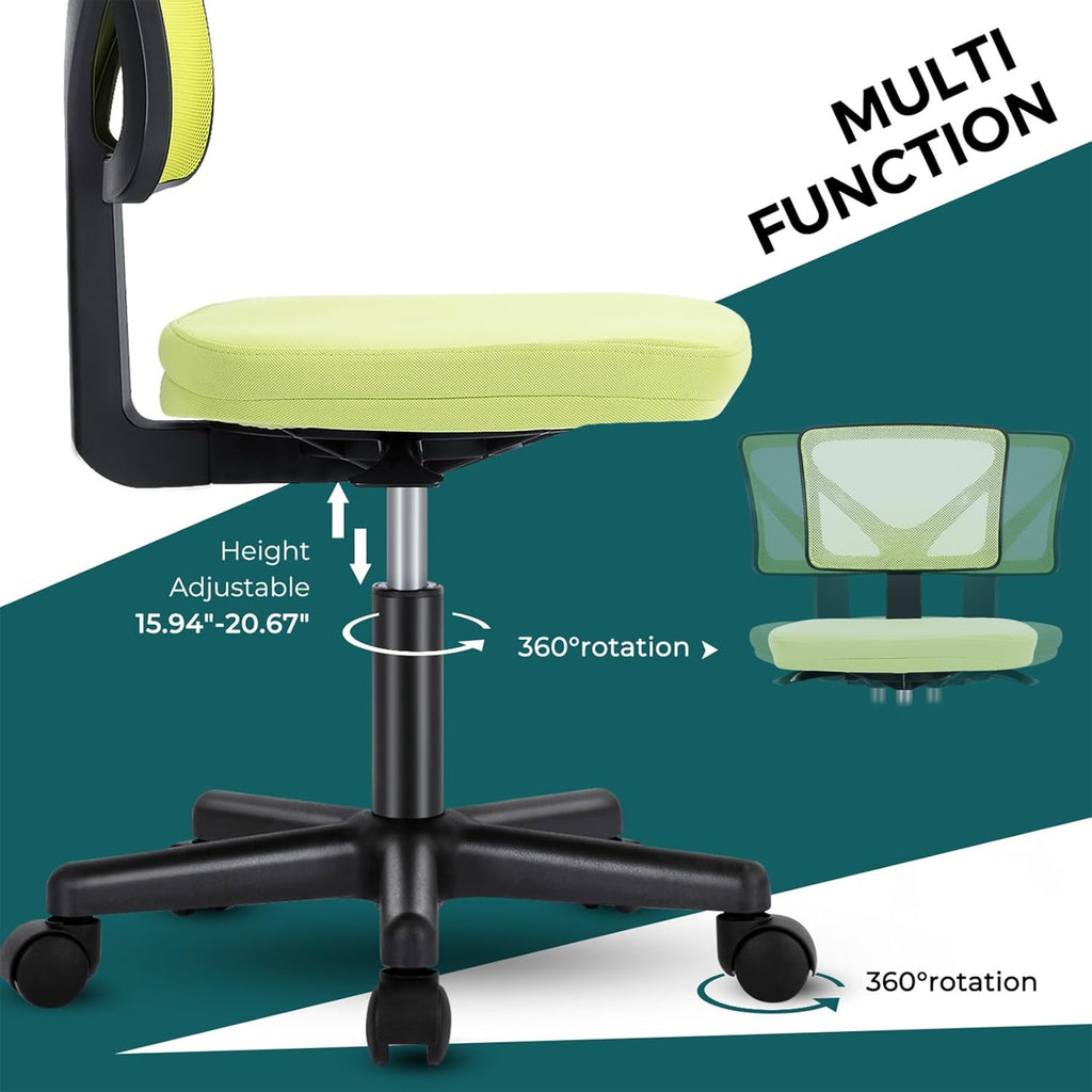 Small Desk Chair Armless, Ergonomic Adjustable Home Office Swivel Rolling Task Chair No Arms, Comfy Mesh Mid Back Computer Work Vanity Desk Chiars with Wheels for Small Spaces, Green